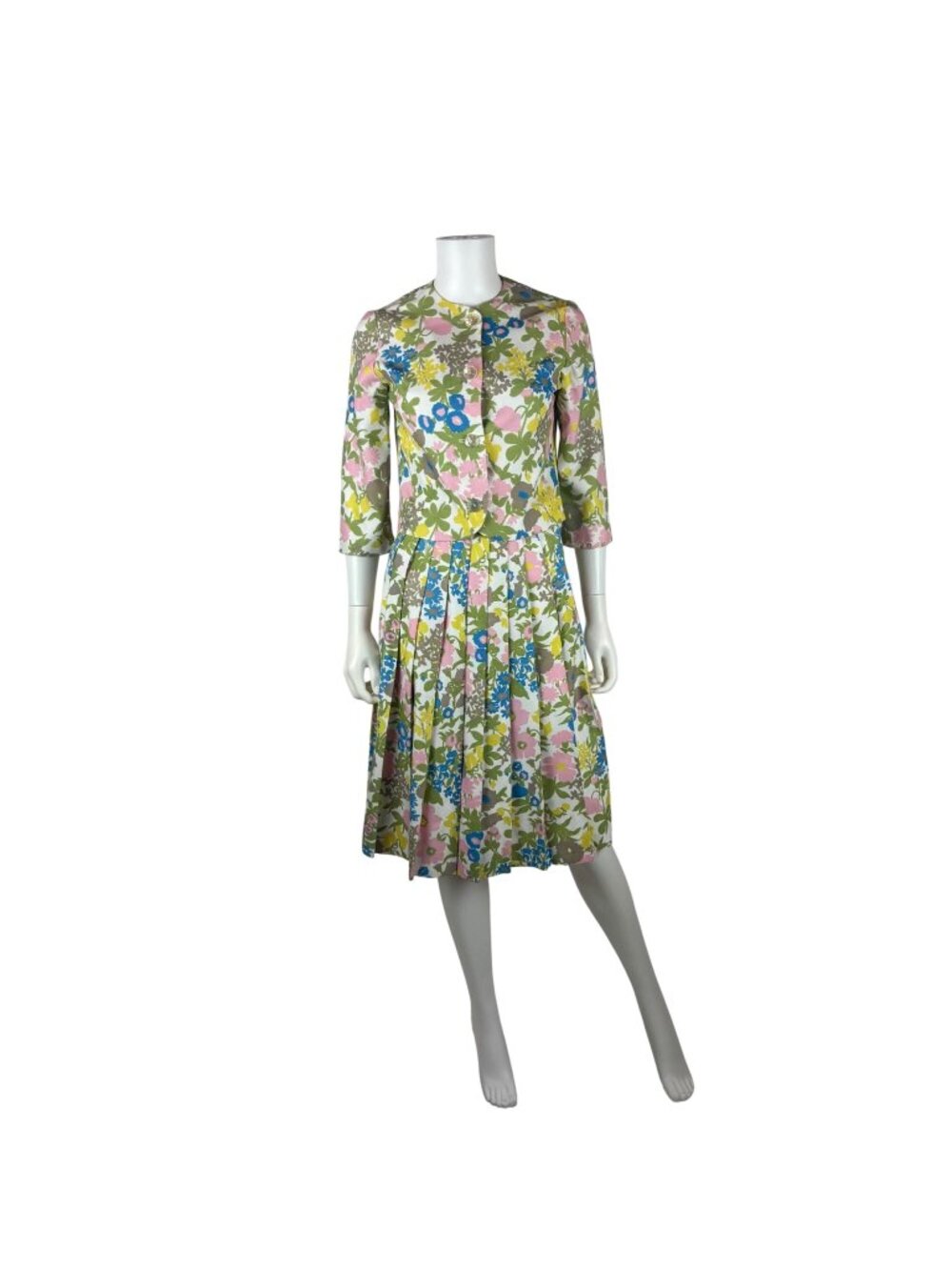 Vintage 60s Skirt Set Juniors Pastel Floral Print Top Pleated Skirt Matching Dea